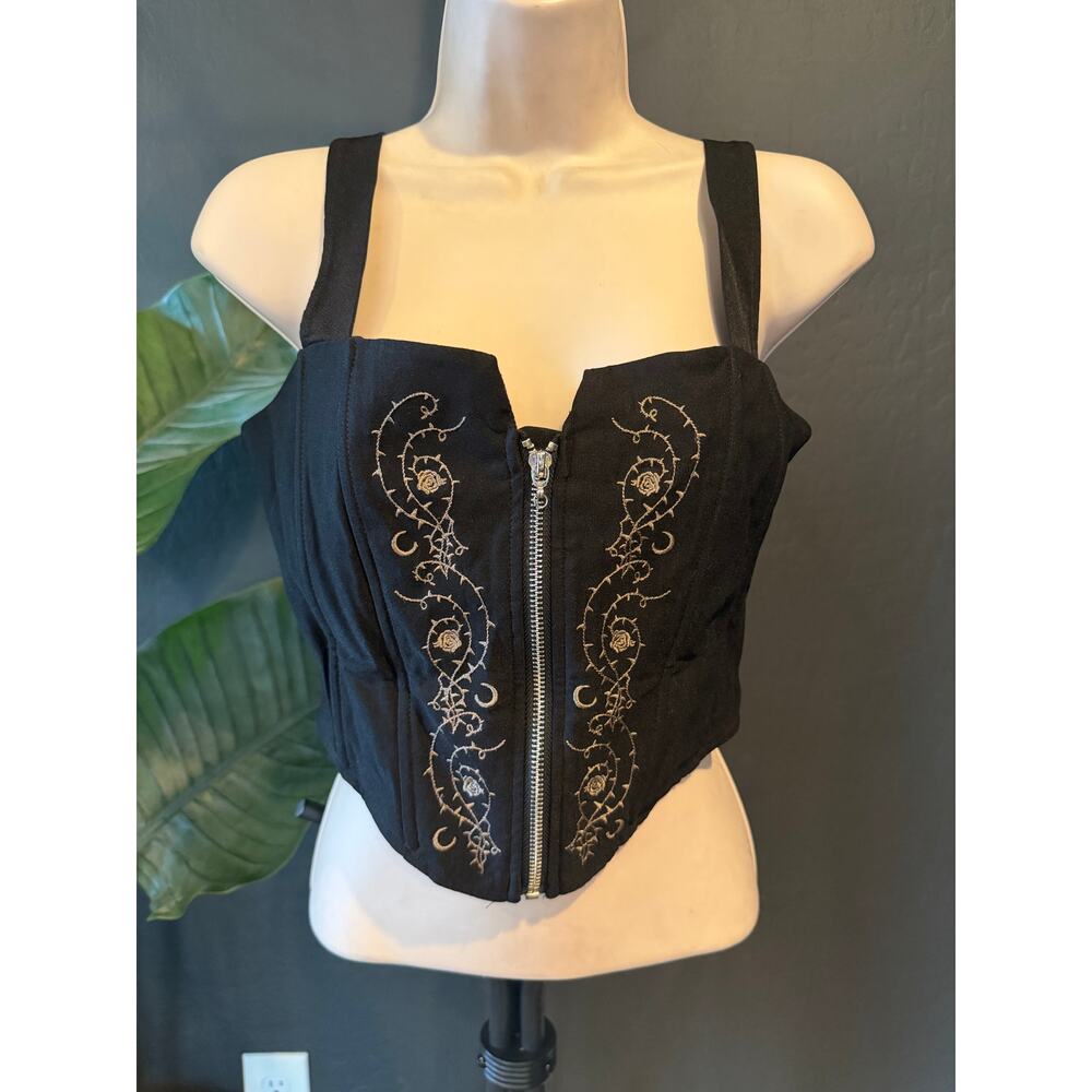 Disturbia black corset top US 6 gothic embroidered zip front bustier